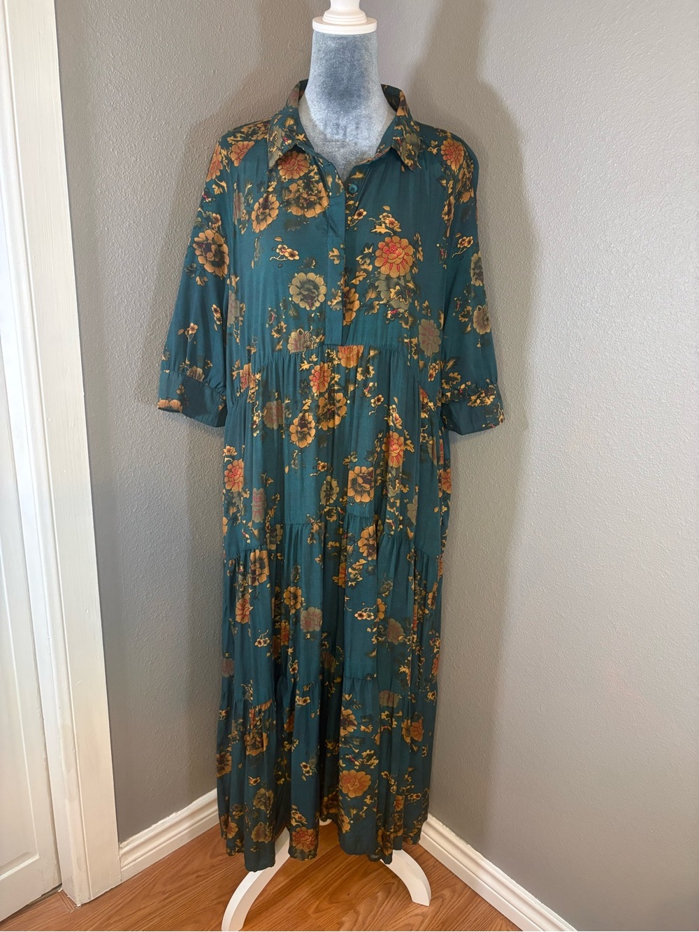 NATURAL LIFE Teal Floral Button-Front Tiered Midi Dress Size XL - Picture 2 of 12